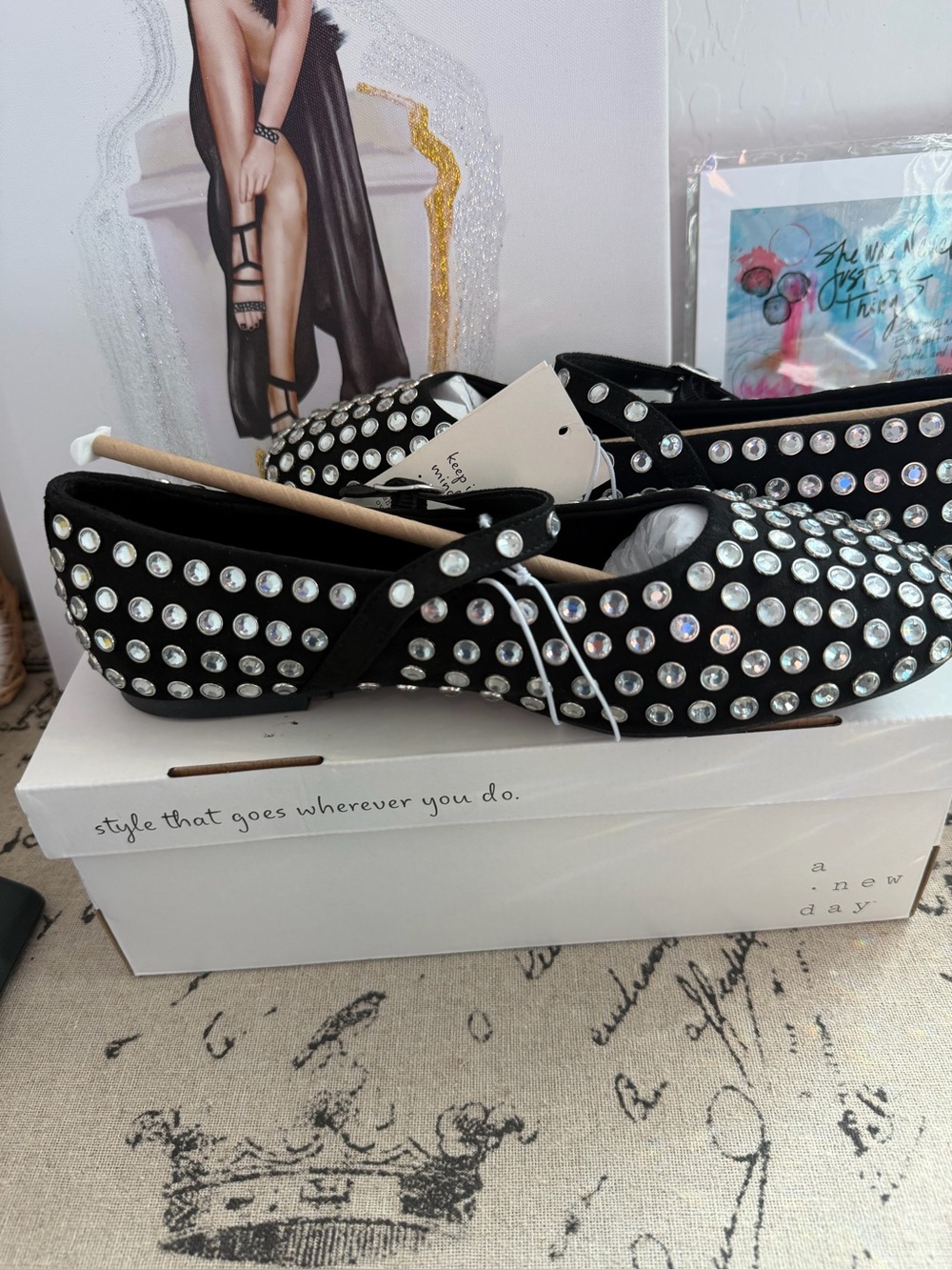 New Ballet Flats with rhinestone Studs and Ankle Strap